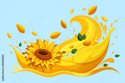 Golden splash of sunflower oil with sunflower flower and seeds creating an elegant liquid wave on a light blue background, ideal for culinary or health-related themes