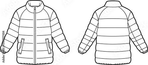 Puffer jacket technical sketch quilted outerwear front back design flat vector