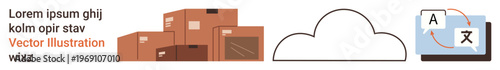 Cloud computing, logistics, language translation, storage solutions, globalization, technology development. Stacked boxes, cloud icon and language translation interface. Cloud computing
