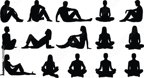 People sitting relaxing silhouettes yoga meditation poses set flat vector illustration