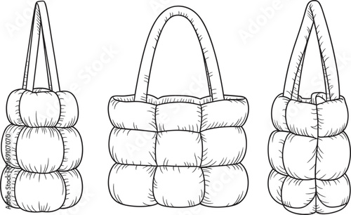 Padded puffer tote bag flat vector fashion accessory design illustration template