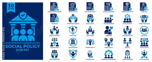 Social policy icon set flat style illustration. Contains icons for affordable housing, unemployment benefit, education reform, poverty reduction, public health, tax relief, disability support.v