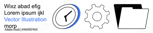 Productivity, time management, workflow, technology, system settings, organization. Minimalistic clock, gear and folder icons. Time management and workflow conveyed visually