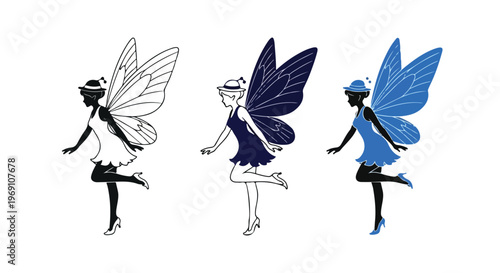 Three winged girl figures in white, navy, and blue walk gracefully through a minimalist fantasy illustration