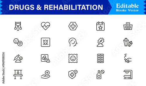 Drugs And Rehabilitation Line Icon Set with Modern Minimal Style and Unique Editable Vector Designs for Healthcare and Recovery