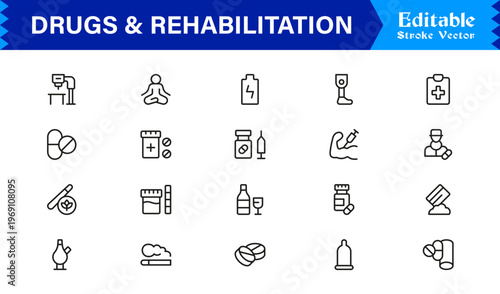 Drugs And Rehabilitation Line Icon Set with Modern Minimal Style and Unique Editable Vector Designs for Healthcare and Recovery