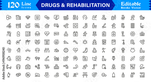 Drugs And Rehabilitation Line Icon Set with Modern Minimal Style and Unique Editable Vector Designs for Healthcare and Recovery