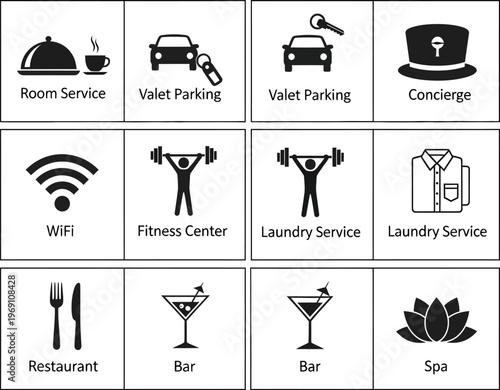 Hotel amenities and services icons