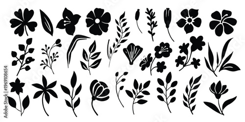 Intricate collection of black and white floral and leaf patterns in a decorative arrangement