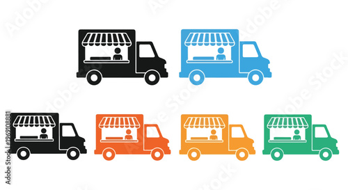 Row of colorful food truck icons lined up in a row with black blue orange and green colors in a playful street scene