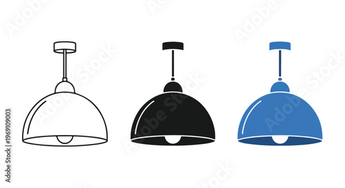 Three minimalist pendant lamps in white black and blue hang from slim cords against a clean white background