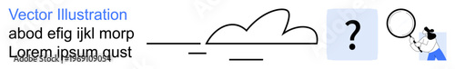 Digital data storage, cloud computing, search functionality, modern technology, problem-solving, abstract concepts. Simplified cloud with search symbol and question mark. Cloud computing and search