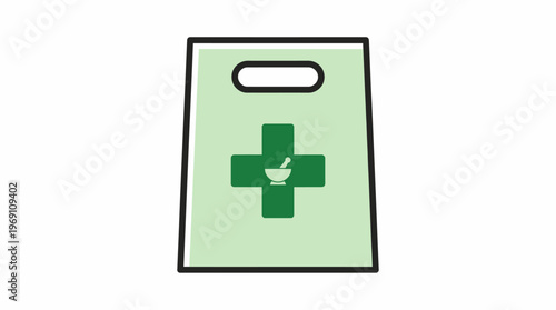 Green pharmacy bag with a mortar and pestle symbol, symbolizing healthcare and medicine services