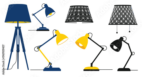 Collection of Modern Lamps: Desk Lamps, Floor Lamp, and Lampshades