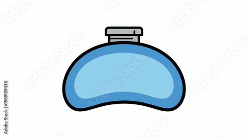 Simple illustration of a light blue kidney-shaped hot water bottle with a grey cap