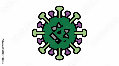 Illustration of a green virus particle with purple spikes and internal structures