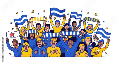 Diverse Crowd Cheering with Flags and Scarves - Sports Fanatic Celebration