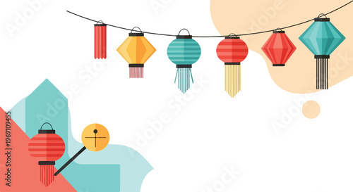 A vibrant flat vector illustration featuring colorful traditional Asian lanterns of various shapes hanging on a string with abstract background shapes.