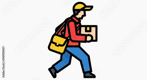 Delivery man walks quickly with package and bag on back downtown