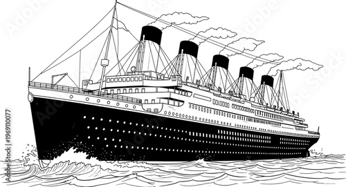 Black and white illustration of a large ocean liner at sea