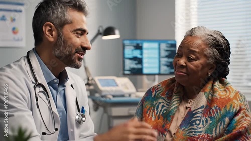 Elderly Woman Consults Doctor in Modern Clinic During Checkup Appointment, Healthcare