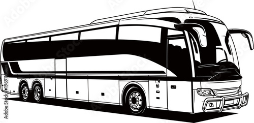 Black and white illustration of a luxury tour bus