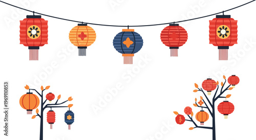 This vector graphic features vibrant traditional Chinese lanterns hanging from a string and small trees, perfect for lunar new year celebrations.
