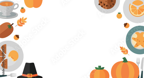 A festive autumn-themed vector background featuring pumpkins, seasonal food, and a pilgrim hat surrounding a central white space for text.