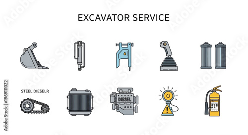 A collection of ten flatdesign icons related to excavator service components and safety