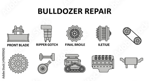 Illustration showing ten gray lineart icons representing bulldozer repair parts