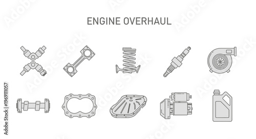 Ten lineart icons representing engine overhaul parts are arranged in two rows