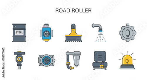 A collection of ten distinct icons related to road roller components and industrial elements