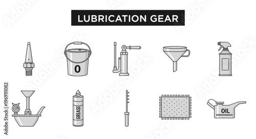 A black and white graphic display of ten lubrication gear items