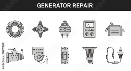 Generator repair icons showing mechanical and electrical components in two rows