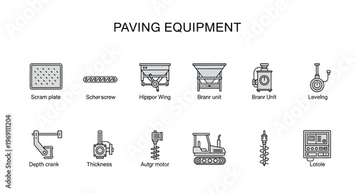 Twelve lineart icons illustrating various paving equipment components