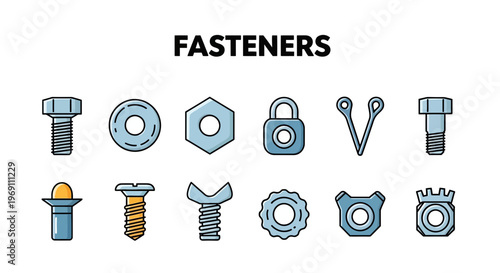 An illustration of various metal fasteners arranged in two rows against a white background