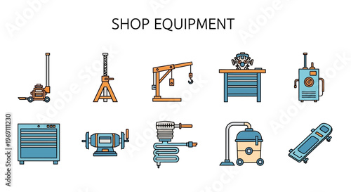 Cartoon icons representing various pieces of automotive shop equipment arranged in two rows