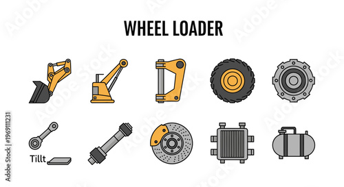 Graphic icons depicting various components of a wheel loader