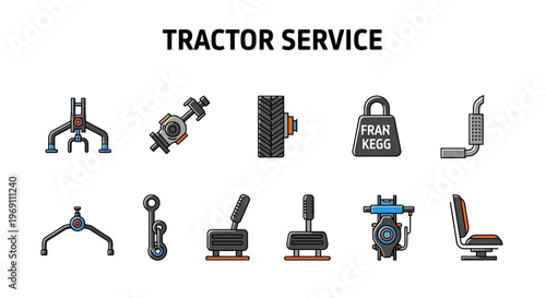 Icons illustrating various tractor service components and accessories in two rows