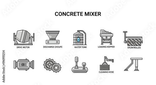 Set of ten gray and coloraccented icons illustrating concrete mixer components and related parts