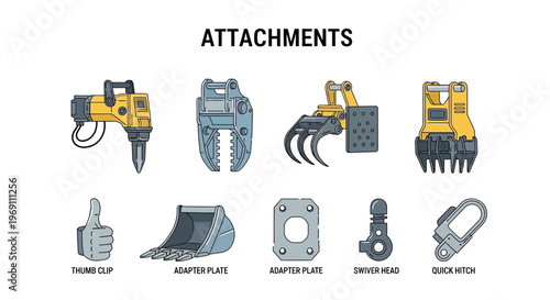 Illustration of various heavy equipment attachments with labels