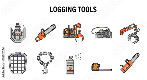 Set of ten flatdesign icons representing logging tools and machinery