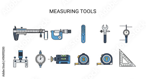 Collection of ten illustrated mechanical and engineering measuring tools on a white background