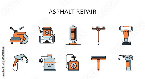Ten flatstyle icons depicting tools and equipment for asphalt repair