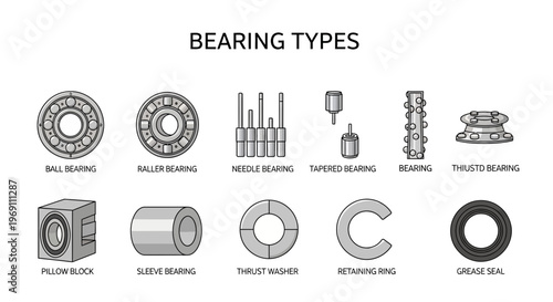 Illustration showing ten types of mechanical bearings and seals