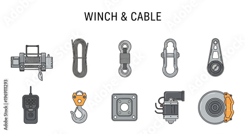 Flat icon set illustrating winch components and cable accessories