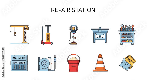Ten flatdesign icons related to a repair station arranged in two rows
