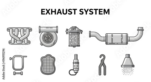 Icons illustrating various components of an automotive exhaust system