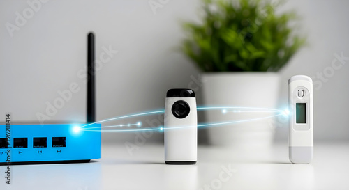 Smart Home Network Connectivity: Router, Security Camera, and Smart Remote Control