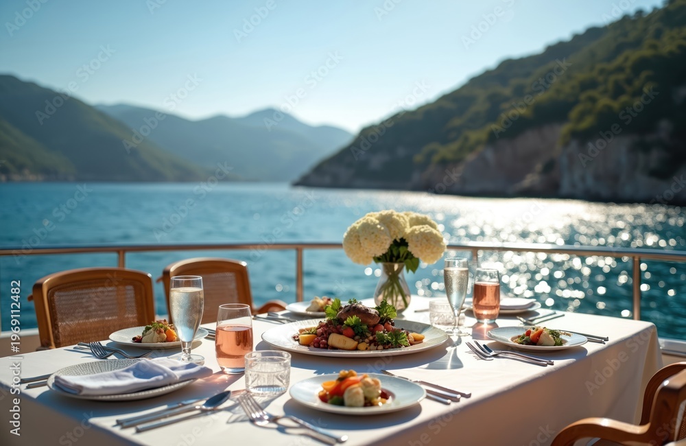 Obraz premium Table set for fine dining on a yacht deck with scenic ocean and mountain views. Enjoying gourmet meal and drinks outdoors with sparkling water and green hills.